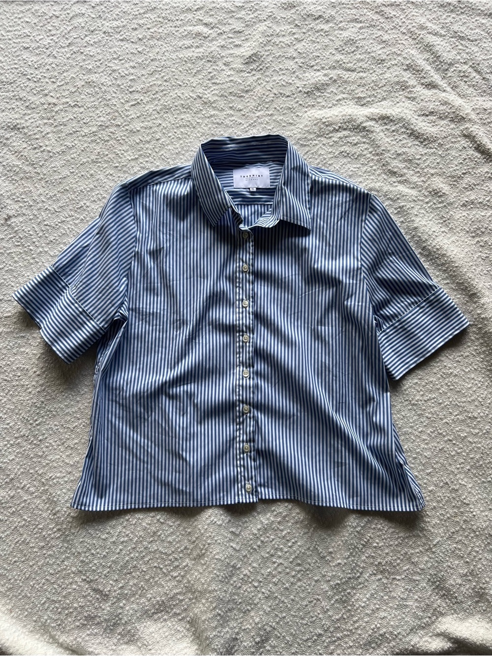 The Shirt by Rochelle Behrens | Blue & White Striped Short Sleeve Button Down